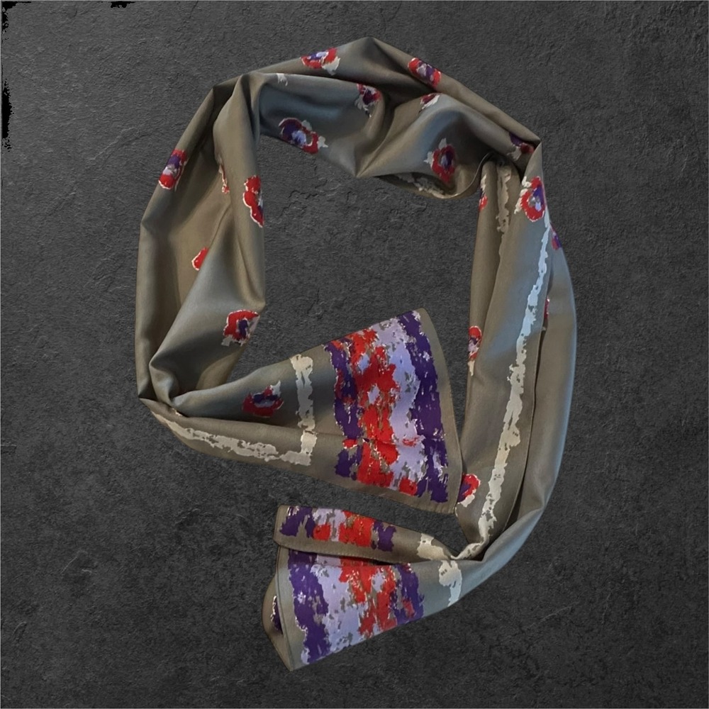 Vintageβ Floral Scarf Womens Grey Red Purple Abstract Poppy 52x12